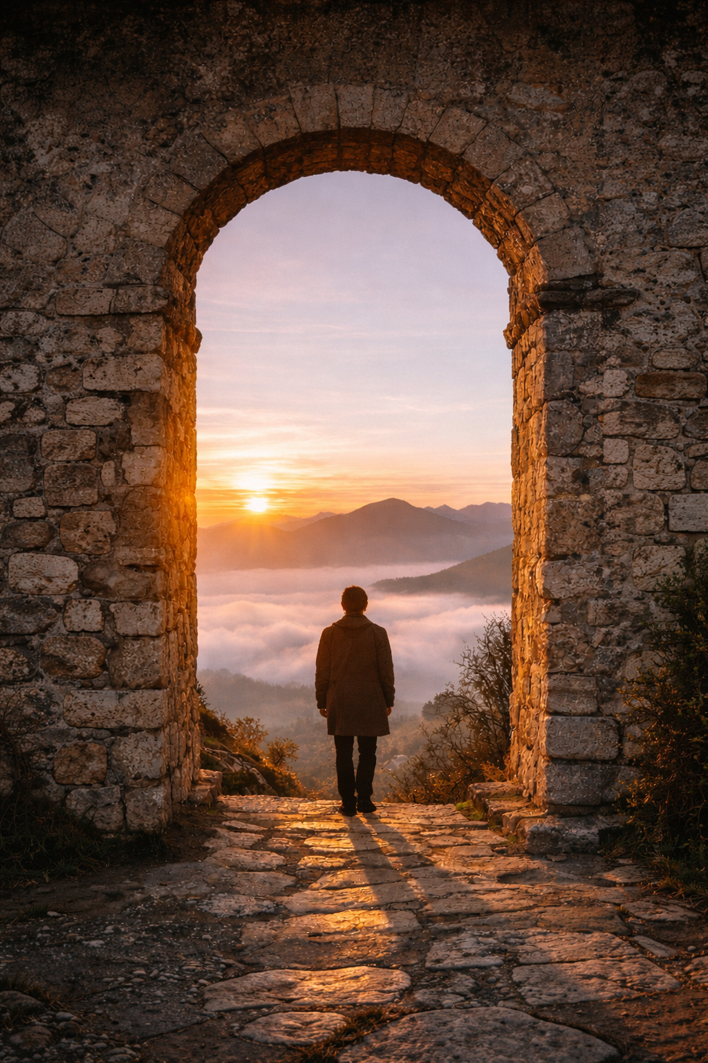 Figura simbolica in cammino verso una soglia di luce, in stile editoriale delicato e contemplativo