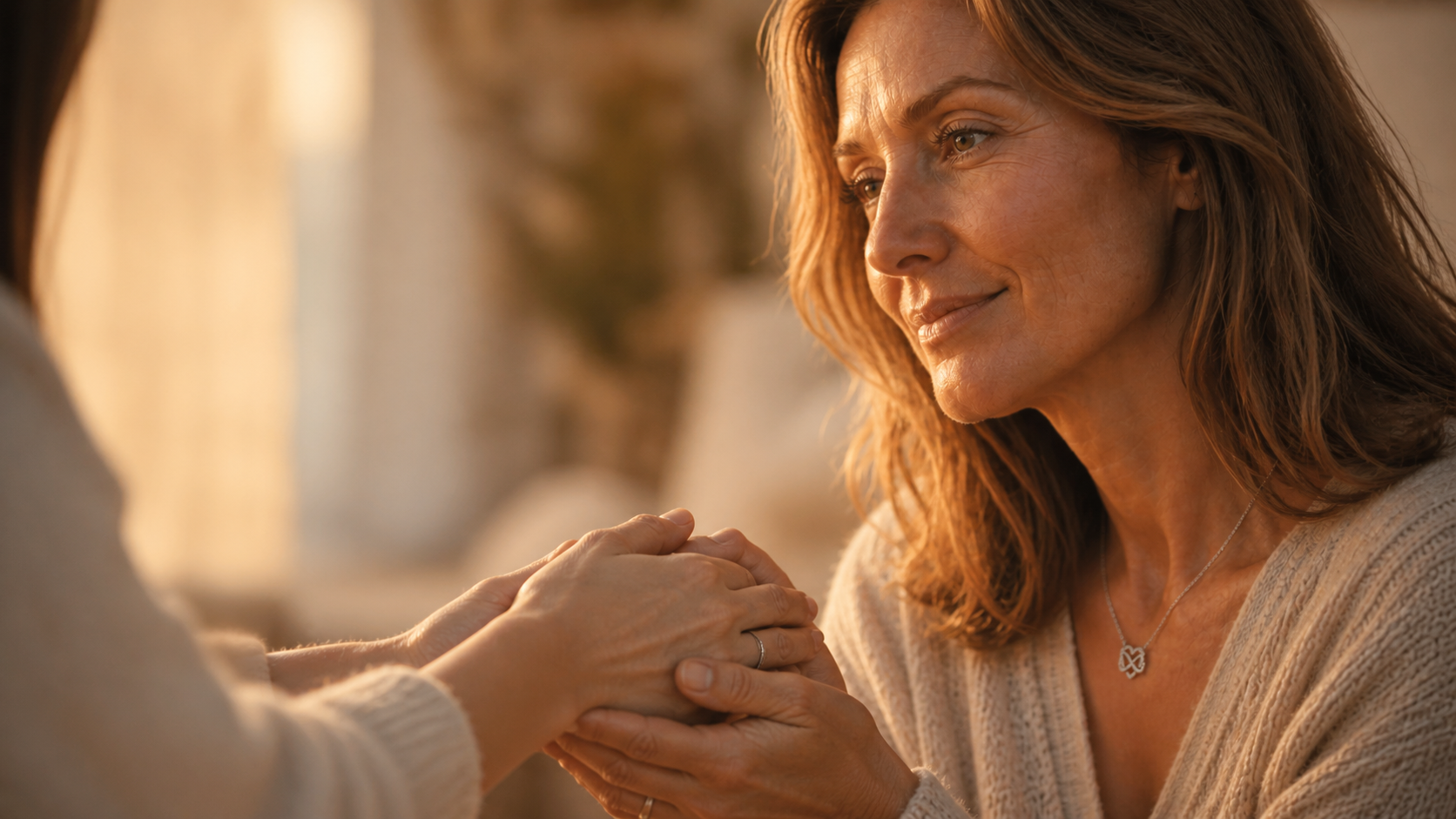 Donna con le mani sul cuore, simbolo di cura, presenza e amore materno