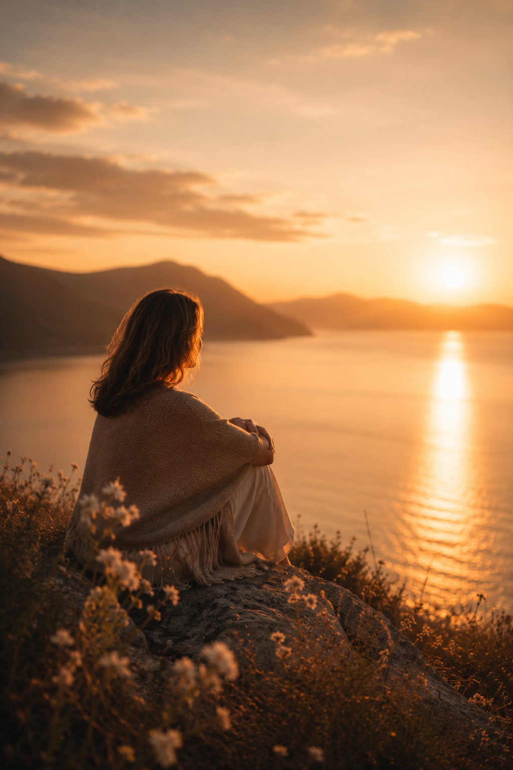 Donna seduta davanti al tramonto, simbolo di memoria, silenzio e amore che resta